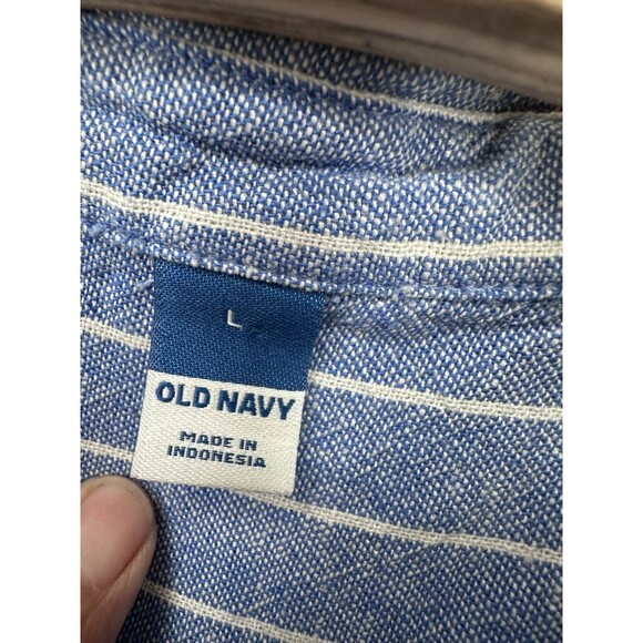 Old Navy Striped Shirt Dress L  Linen Blend Short Sleeve Button Front pockets - Picture 5 of 10